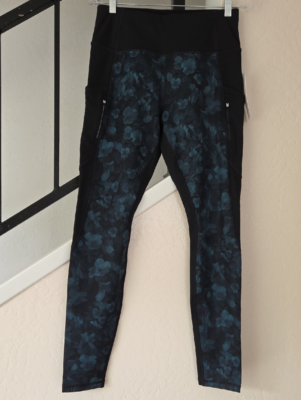 Athleta Black Leggings with Teal Floral Print Size M